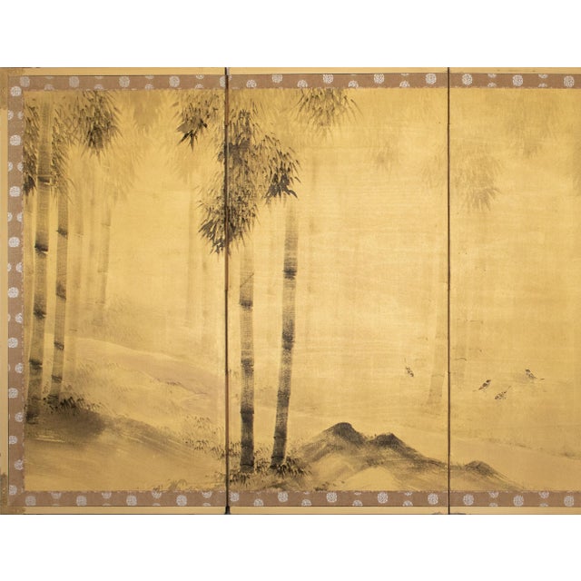Very pretty Japanese 4-panel painted silk Byobu (folding screen) depicts a graceful scene with Sparrows at Bamboo Forest....