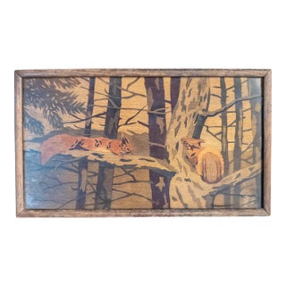 20th Century Central European Watercolor on Wood Panel Painting of Squirrels For Sale
