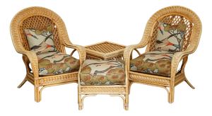 Wicker Armchairs, Stool & Side Table with Mulberry Flying Ducks Fabric, Set of 4