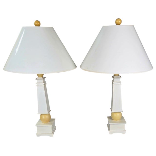 Hollywood Regency Pair of Natural Light Co. White Wooden Obelisk Table Lamps With Cream Ball Accents and Shades For Sale - Image 3 of 10