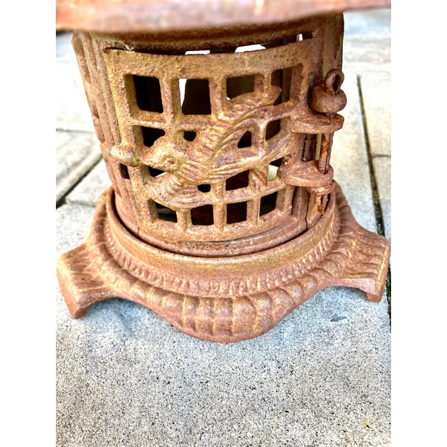 Japanese 1940s Heavy Cast Iron Pagoda Hummingbird Lanterns - Set of 2 For Sale - Image 3 of 10