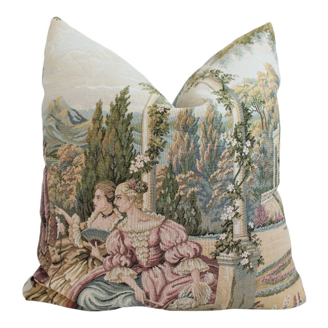 19th C. European Louis XIV Countryside Tapestry Pillow/Feather Down Insert/22" X 22" For Sale