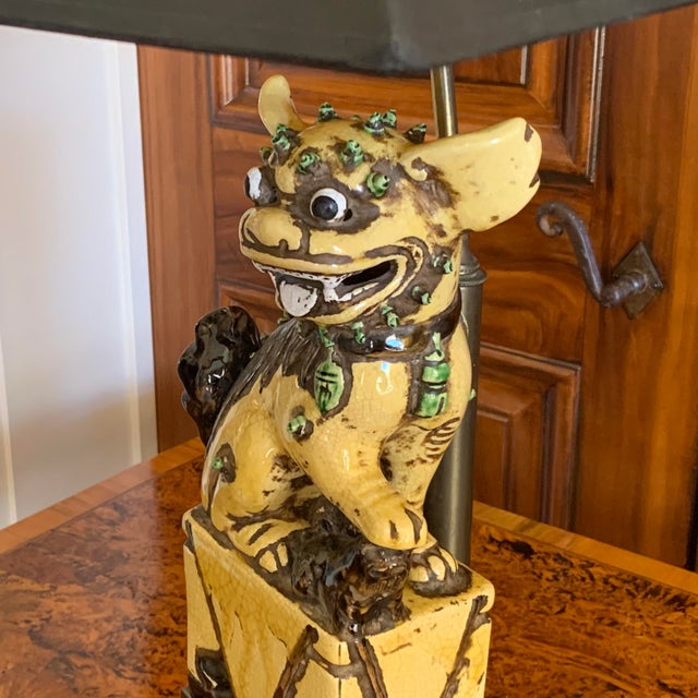 Wood Yellow Foo Dog Sculpture Lamp For Sale - Image 7 of 14