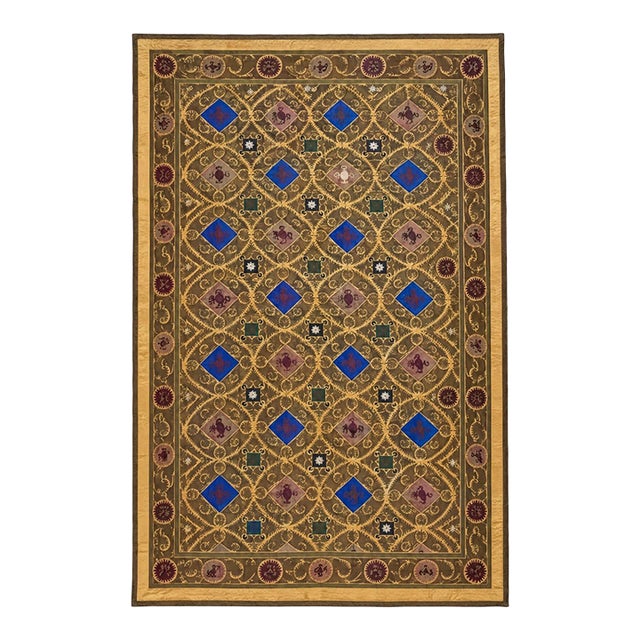 Gold Lattice Cotton Suzani With Blue Diamond Motifs For Sale