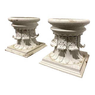 Pair of White Cast Iron Corinthian Column Planters, 22” Diameter For Sale