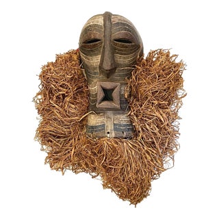 African Songye Kifwebe Wooden Mask 26" H W/ Raffia Beard For Sale