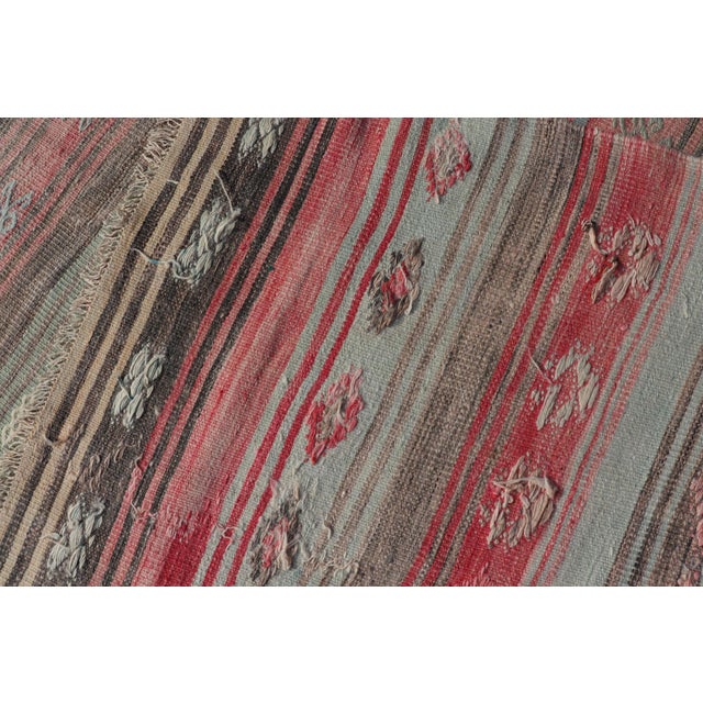 Vintage Turkish Kilim Runner With Pastel Coral, Sage and Blue Stripes For Sale - Image 10 of 10