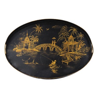 Vintage Black and Gold Chinoiserie Lacquerware Serving Tray For Sale