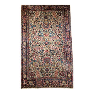 Vintage Persian Kerman Lavar Rug, Hand-Knotted Wool, Floral Pattern, Ivory & Blue, 3x5 For Sale