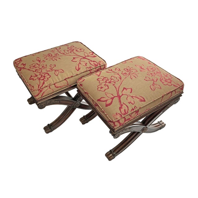 Hollywood Regency Pair of Ethan Allen X-Base Low Stools in Tan and Red Floral Upholstery For Sale - Image 3 of 9