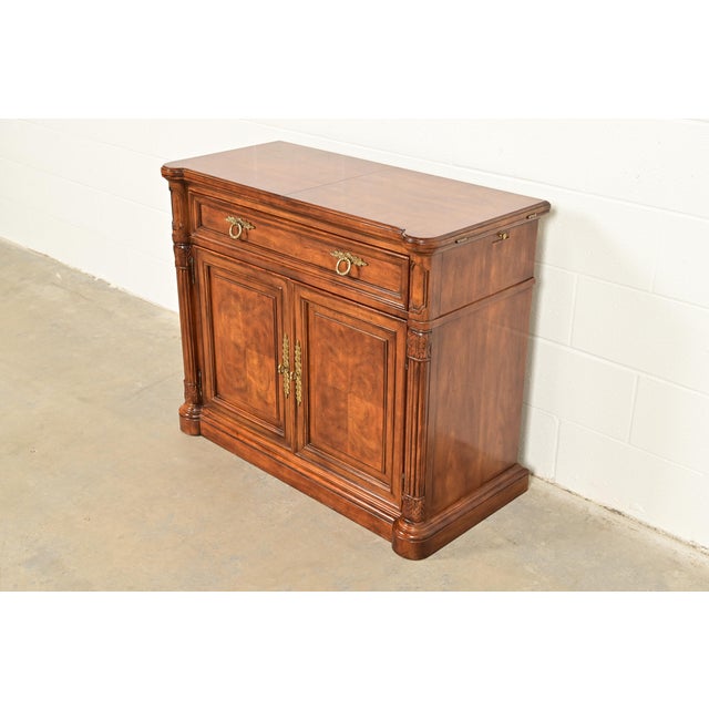 French Drexel Heritage French Regency Louis XVI Burled Walnut Flip Top Server or Bar Cabinet, Circa 1960s For Sale - Image 3 of 14