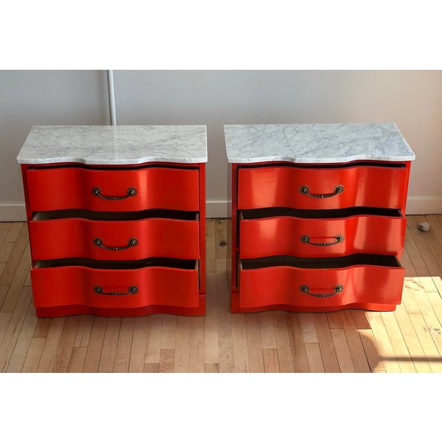 Marble Top Red Lacquered Serpentine Chests, a Pair For Sale - Image 4 of 9