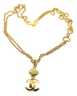 1990s Chanel Vintage Gold Plated CC Textured Pendant Double Chain Long Necklace