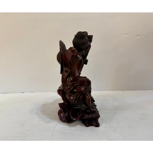 Wood Antique Chinese Wood Carved Fisherman Statue For Sale - Image 7 of 10
