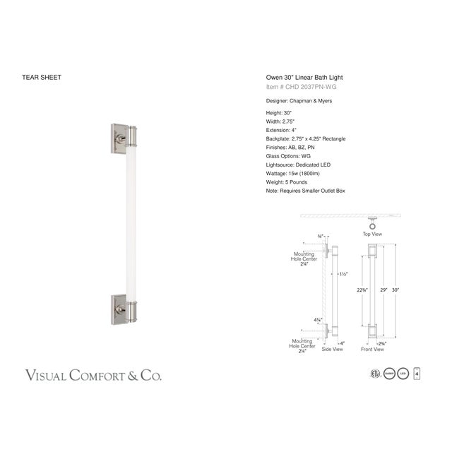 Chapman & Myers for Visual Comfort Signature Owen 30" Linear Bath Light in Polished Nickel with White Glass For Sale In Houston - Image 6 of 8