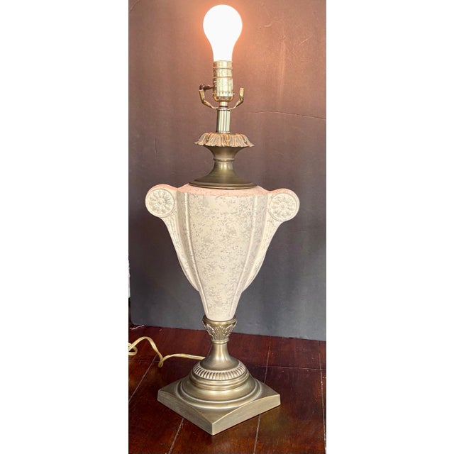Vintage Neoclassical Faux Marble Ceramic & Brass Urn Table Lamp For Sale - Image 11 of 12