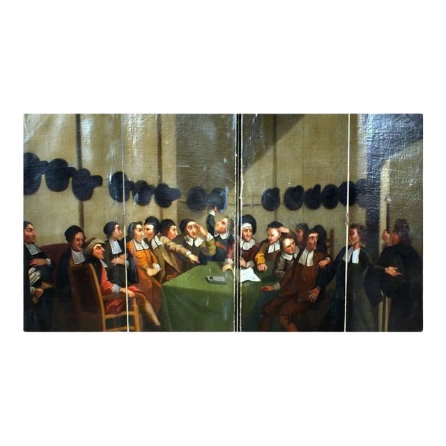 Antique American Four-Panel Oil Painting Screen, "The Pilgrims Council" For Sale