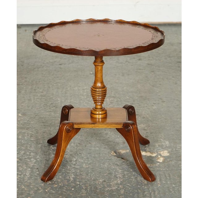 Vintage Yew Wood Burgundy Leather Top Side Table with Pie Crust For Sale - Image 5 of 11