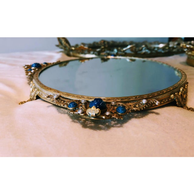 Gothic Antique Vanity Tray With Filigree Adorned by Rose Cut and Pearl Like Gems For Sale - Image 3 of 11