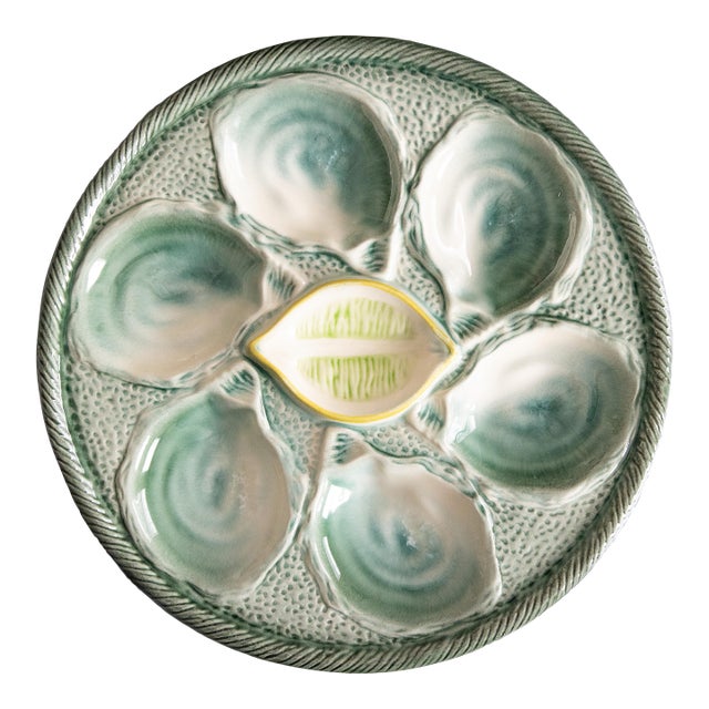 Antique French Saint Clément Majolica Blue Green & Yellow Lemon Wedge Oyster Plate For Sale