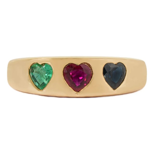 14k Yellow Gold Heart Emerald Ruby Sapphire Dome Band Gypsy-Set Ring Size 9 For Sale