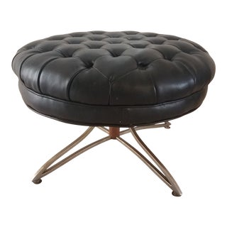 Vintage Kroehler Black Leather Tufted Ottoman For Sale