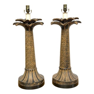 Late 20th Century Pair of British Colonial Style Bronze Palm Tree Lamps with Carved Tribal Motifs For Sale