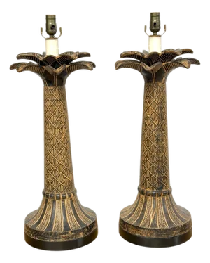 Late 20th Century Pair of British Colonial Style Bronze Palm Tree Lamps with Carved Tribal Motifs