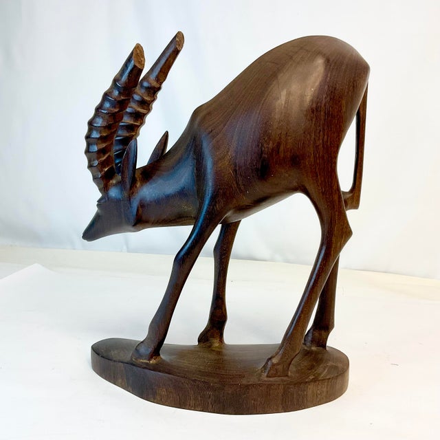 Burnt Umber 1970s Vintage Arts & Crafts Rustic Hand-Carved Walnut Gazelle Statue. For Sale - Image 8 of 11