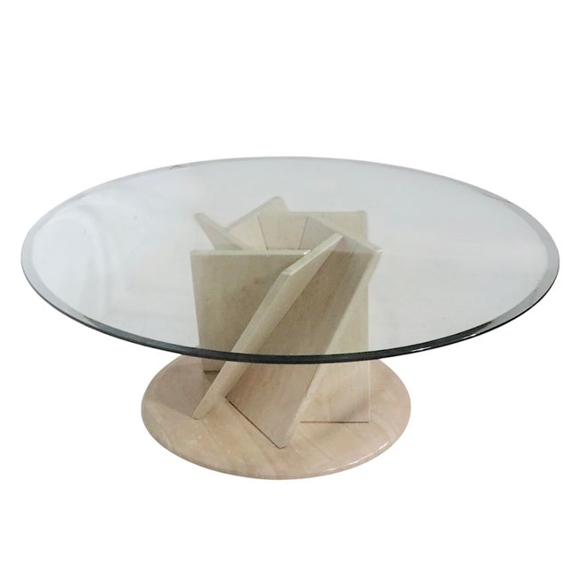 Mid-Century Modern Postmodern Travertine Marble and Glass Coffee Table Made in Italy C. 1970/80's For Sale - Image 3 of 12