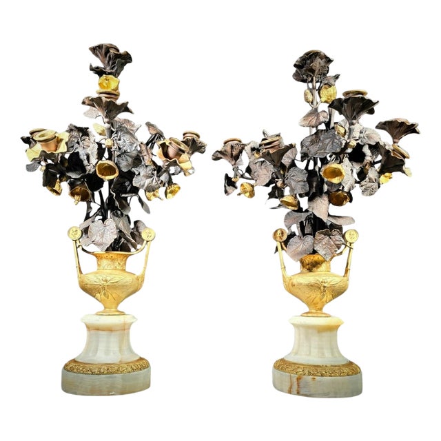 Gilt Bronze Vases with Flowers, 1860, Set of 2 For Sale