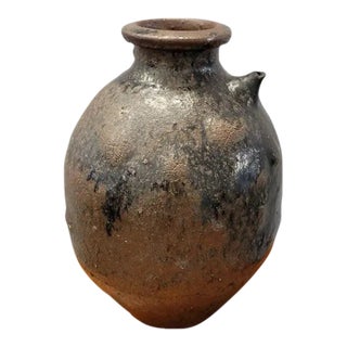 Antique 18th C French Provincial Walnut Oil Jug Jar in Rich Brown Glazed Terracotta For Sale