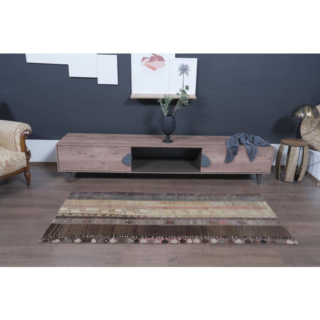 Islamic Vintage Patchwork Kilim Runner, Handwoven Anatolian Wool Rug, Muted Earth Tone Hallway Runner, Rustic Boho Entryway Rug For Sale - Image 3 of 11