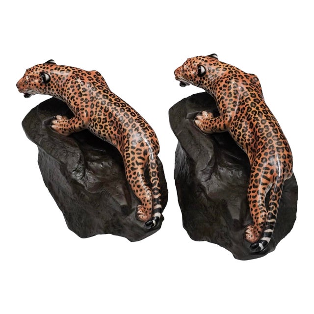 Mid 20th Century Pair of Charles J. Noke for Royal Doulton "Leopard on a Rock" Porcelain Figures For Sale