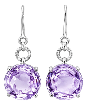 Late 20th Century 18K White Gold Diamond Cabochon Amethyst Hanging Drop Earrings, Pair