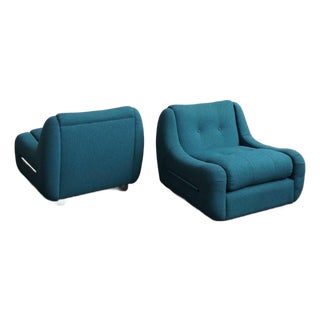 1970s Italian Tubular Lounge Chairs in Blue Bouclé — A Pair For Sale