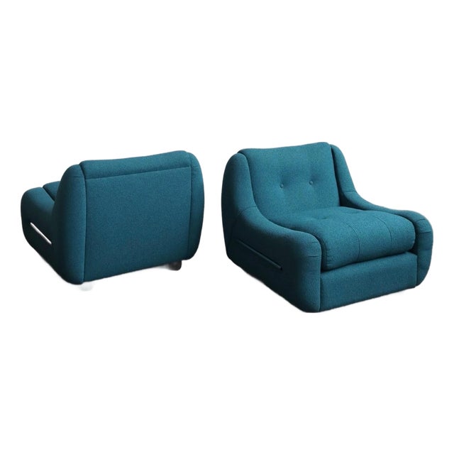 1970s Italian Tubular Lounge Chairs in Blue Bouclé — A Pair For Sale