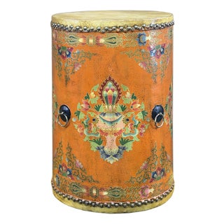 Distressed Light Orange Tibetan Style Jewel Symbol Round Drum Table For Sale