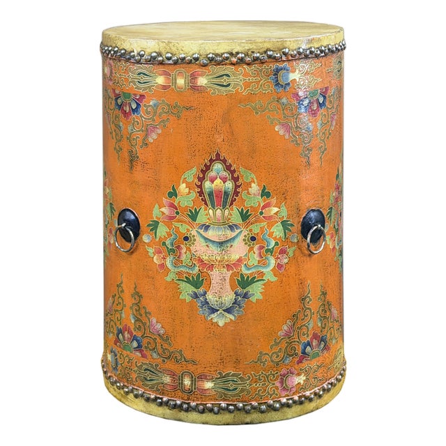 Distressed Light Orange Tibetan Style Jewel Symbol Round Drum Table For Sale