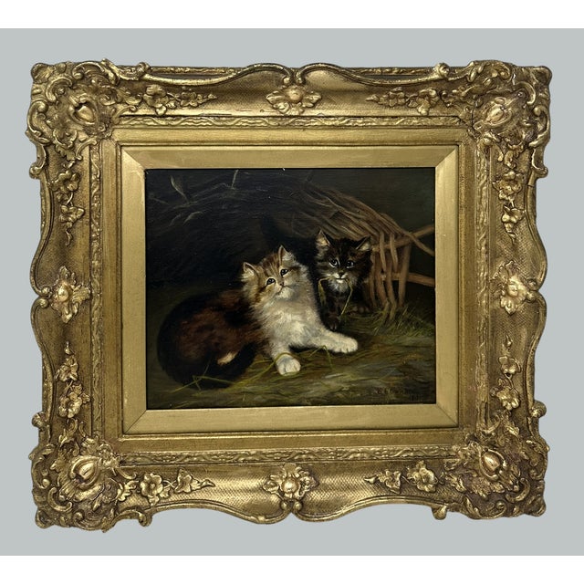 Textile Antique English Edwardian Oil Painting on Canvas Cats Kittens at Play Dated 1907 For Sale - Image 7 of 8