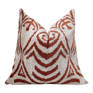 Luxury Handwoven Silk Velvet Ikat Pillow 20x20 Inch – Rust & Ivory For Sale