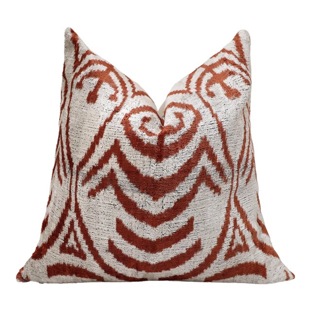 Luxury Handwoven Silk Velvet Ikat Pillow 20x20 Inch – Rust & Ivory For Sale