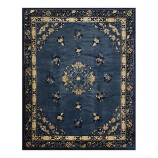 1920s Blue-Navy Background Floral-Medallion Design Antique Chinese Peking Rug For Sale
