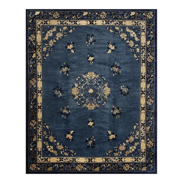 1920s Blue-Navy Background Floral-Medallion Design Antique Chinese Peking Rug For Sale