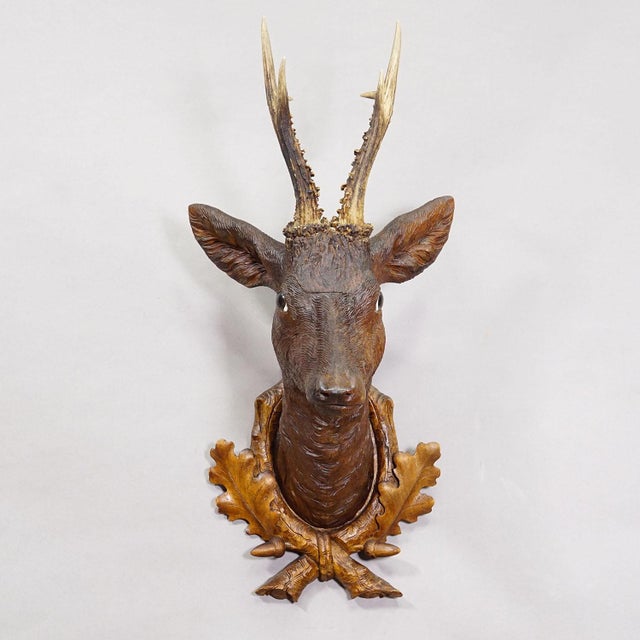 Large Naturalistic Black Forest Carved Deer Trophy, Ca. 1920s For Sale - Image 4 of 8