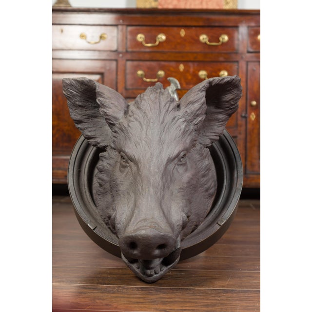 Late 19th Century English 1880s Terracotta Hog Head Mounted on New Custom Circular Iron Frame For Sale - Image 5 of 12
