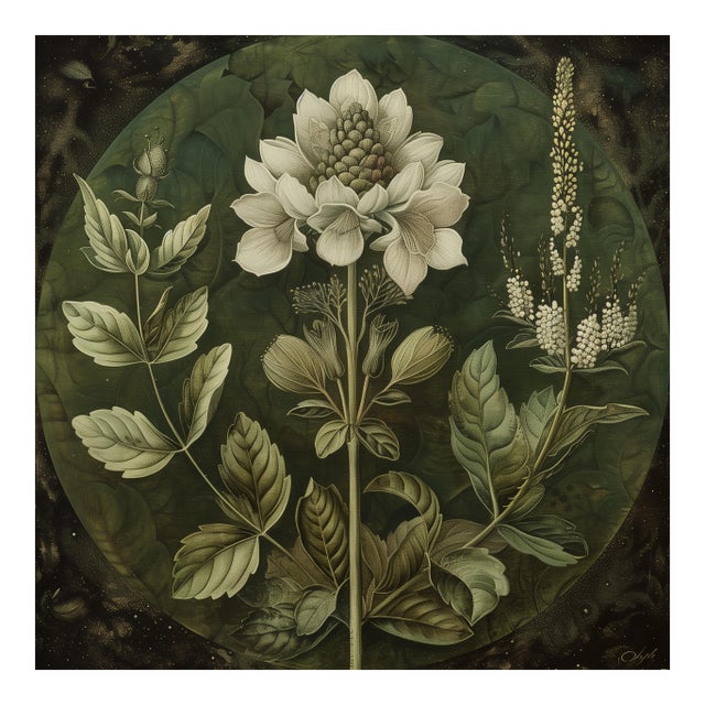 18" X 18" Original Botanical Print - Dark Green Grisaille For Sale