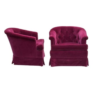Vintage Mid Century Velvet Tufted Back Barrel Arm Chairs ~ a Pair For Sale