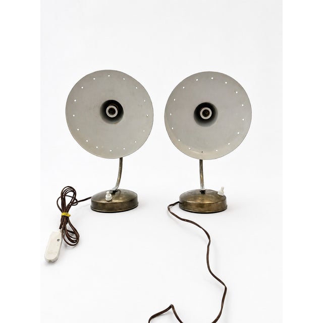 1950s Vintage Italian Brass and Powder Blue Aluminum Table Lamps from Stilnovo, 1950s, Set of 2 For Sale - Image 5 of 9