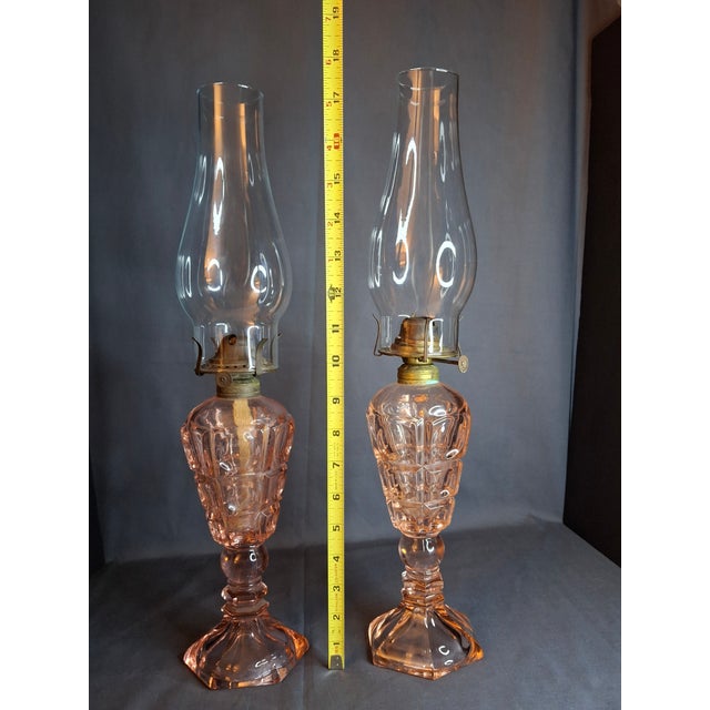 American Vintage Pink Pressed Glass Kerosene Table Lamps - Matching Pair With Chimneys For Sale - Image 3 of 13